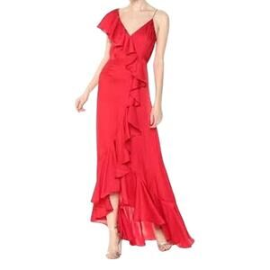 New JILL STUART Poppy Red Cascading Ruffle One Shoulder Draped Long Gown Sz 14